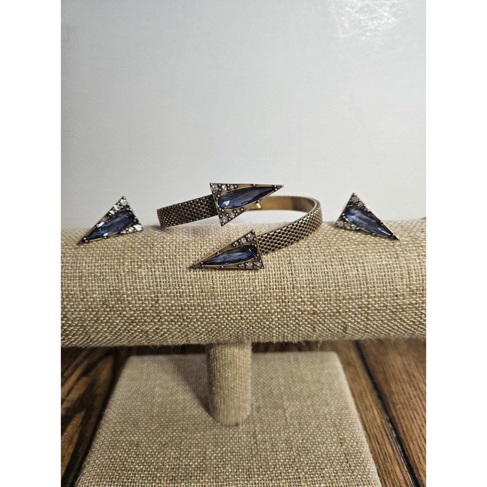 Nicole Romano "Elms" Blue Crystal & Gold Tone Triangular Arrow Cuff Set Earrings